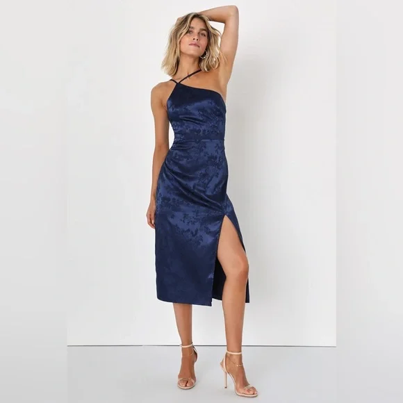 Desirable Dream Navy Blue Satin Jacquard Halter Neck Midi Dress - Picture 3 of 5